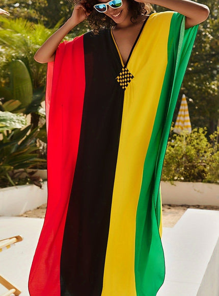 KissICON Multicolor / One-size Curve Boho Contrast V-Neck Loose Beach Kaftan Coverup