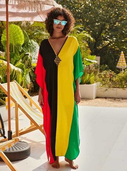 KissICON Multicolor / One-size Curve Boho Contrast V-Neck Loose Beach Kaftan Coverup
