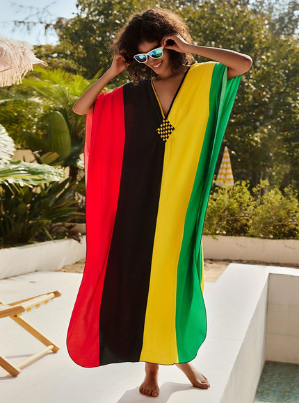 KissICON Multicolor / One-size Curve Boho Contrast V-Neck Loose Beach Kaftan Coverup