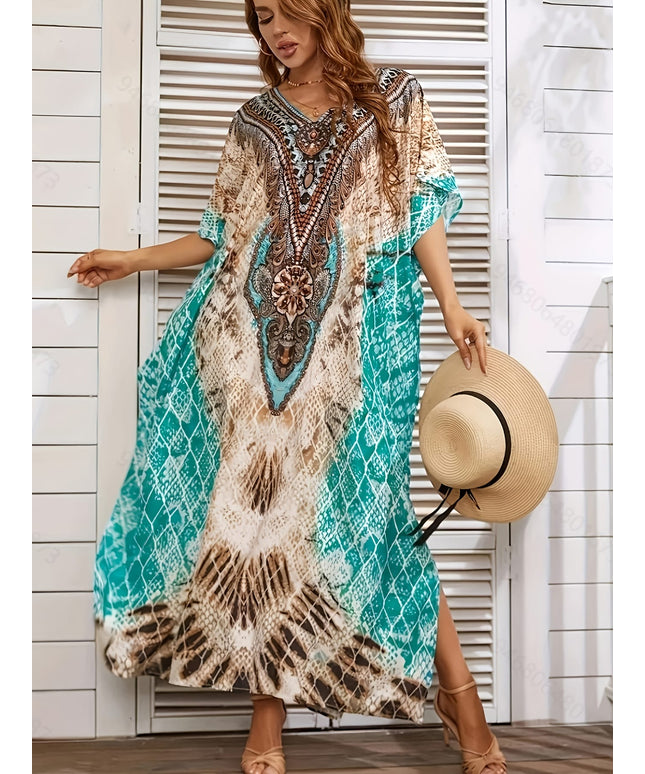 KissICON Multicolor / One-size Curve V-Neck Batwing Moroccan Caftan Coverup