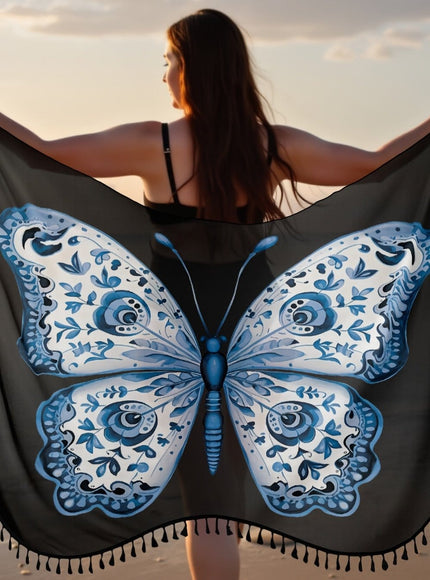 KissICON Multicolor / UK 16 Boho Blue Butterfly Fringe Beach Coverup
