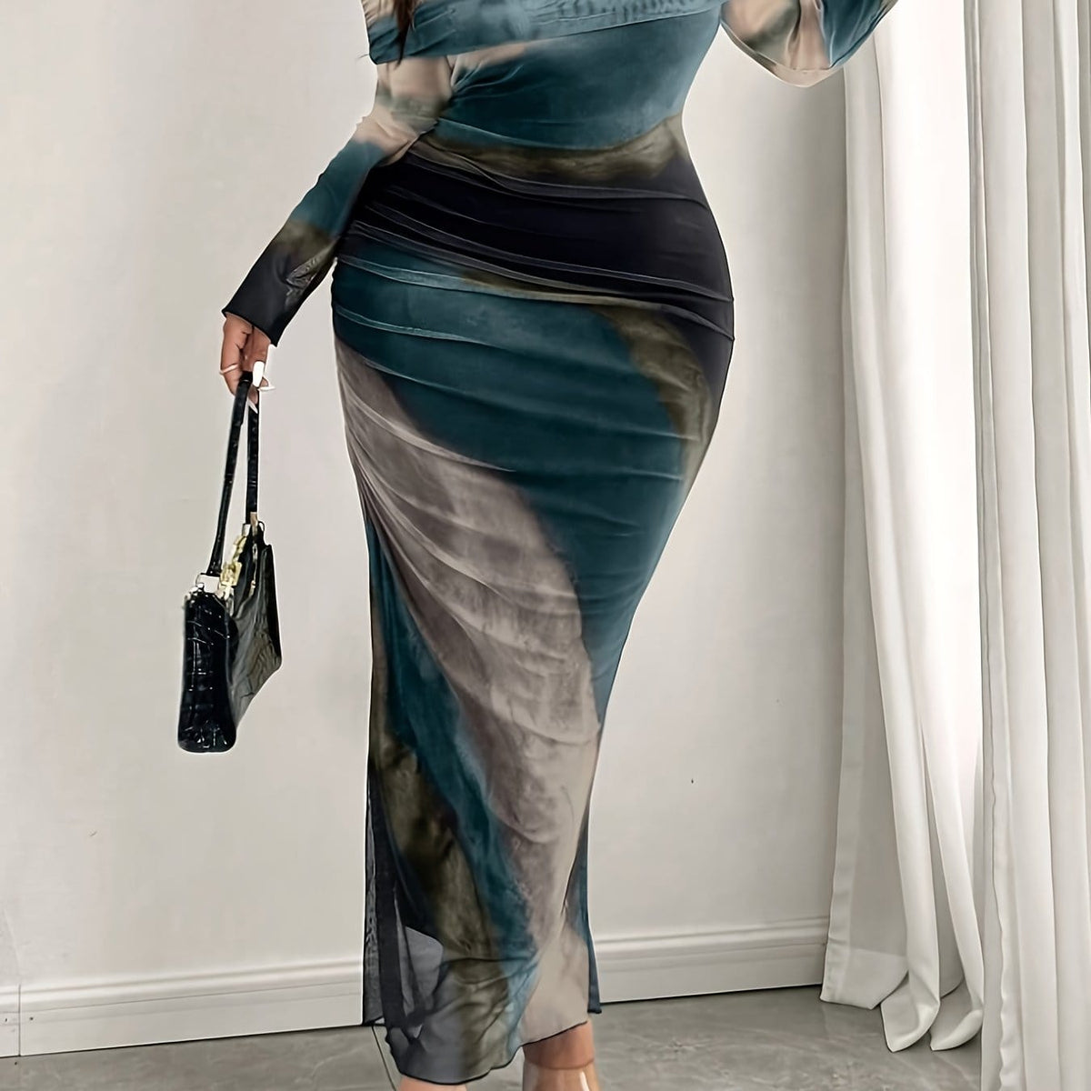 jkthpu-45 Multicolor / UK 16 Elegant Off-Shoulder Mesh Print Maxi Dress with High-Low Hem - Stretchy, Semi-Sheer Polyester Blend, Green/Black/White/Blue Abstract Design, Perfect for Spring/Summer/Fall, Cute Dress