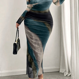jkthpu-45 Multicolor / UK 16 Elegant Off-Shoulder Mesh Print Maxi Dress with High-Low Hem - Stretchy, Semi-Sheer Polyester Blend, Green/Black/White/Blue Abstract Design, Perfect for Spring/Summer/Fall, Cute Dress