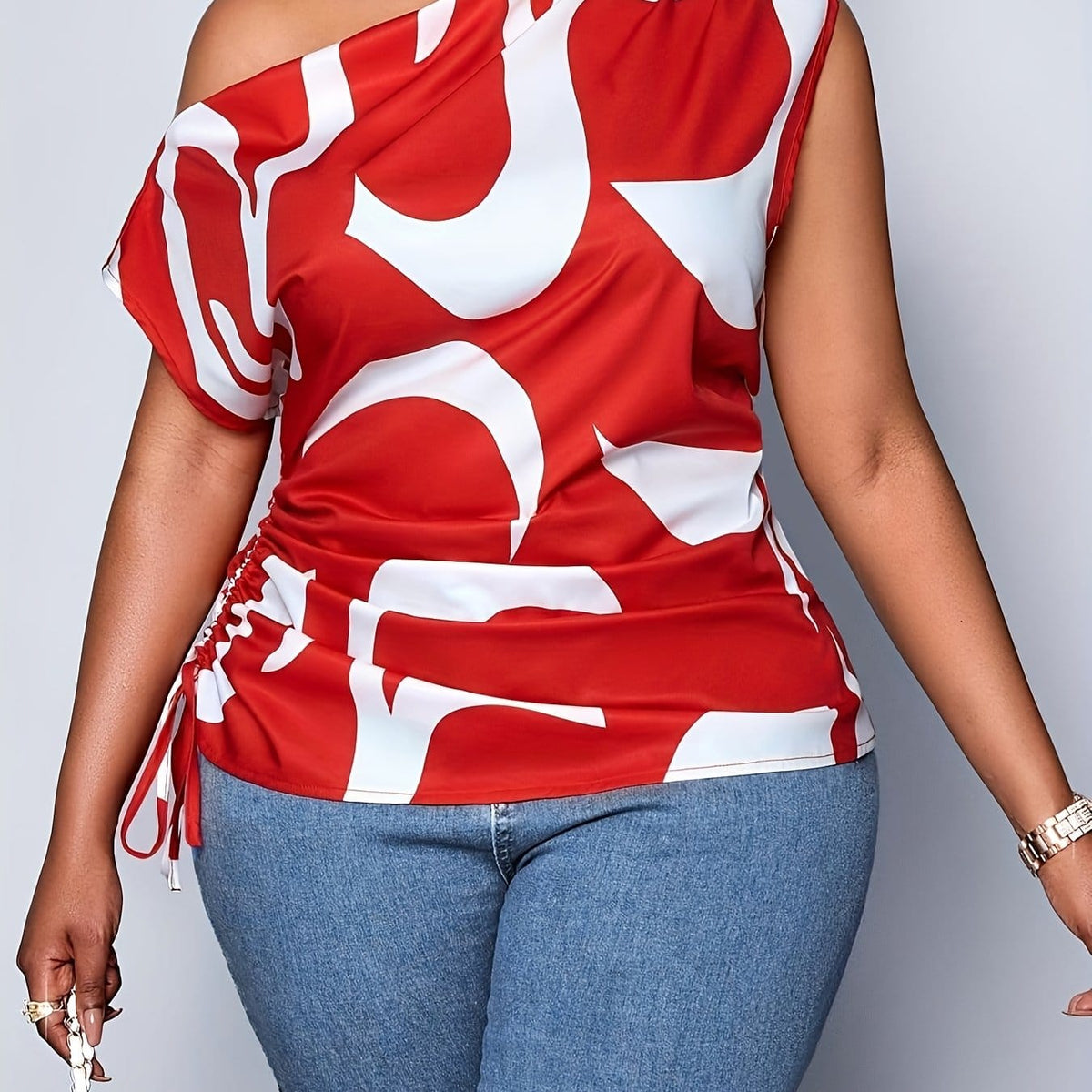jkthpu-45 Multicolor / UK 16 Elegant OffShoulder Batwing Tee Red White Abstract