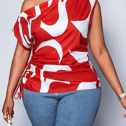 jkthpu-45 Multicolor / UK 16 Elegant OffShoulder Batwing Tee Red White Abstract