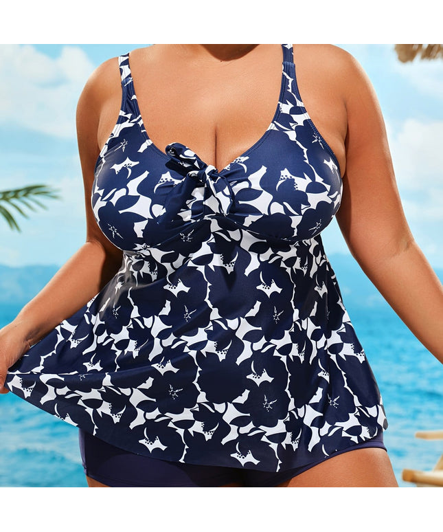 KissICON 【Multicolor】 / UK 16 Floral Curve Vneck Tankini – Laceup Detail