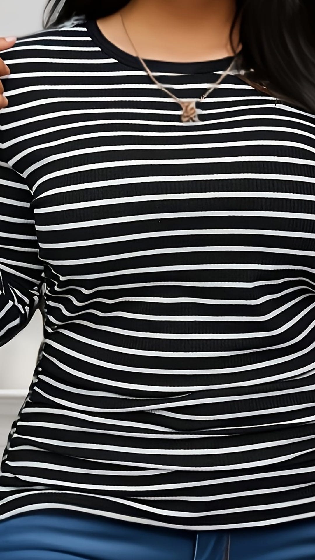 jkthpu-45 Multicolor / UK 18 BESTIE Elegant Black  White Plus Size Striped Long Sleeve Top
