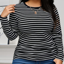 jkthpu-45 Multicolor / UK 18 Elegant Black  White Stripe Plus Size Long Sleeve TShirt