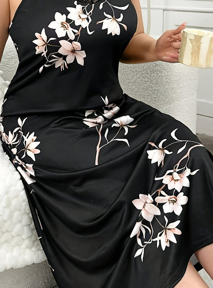 jkthpu-45 Multicolor / UK 18 [Feminine Sleepwear] Plus Size Floral Print Nightgown | Glossy Polyester Blend | Elegant Wide Strap Midi Sleep Dress for Women | All-Season Comfort | Feminine Sleepwear