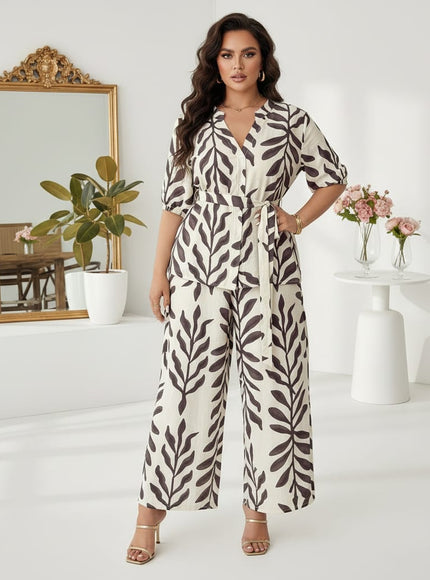 jkthpu-45 outfit set Multicolor / UK 18 Plus Size Leaf Print Vacation 2pc Set