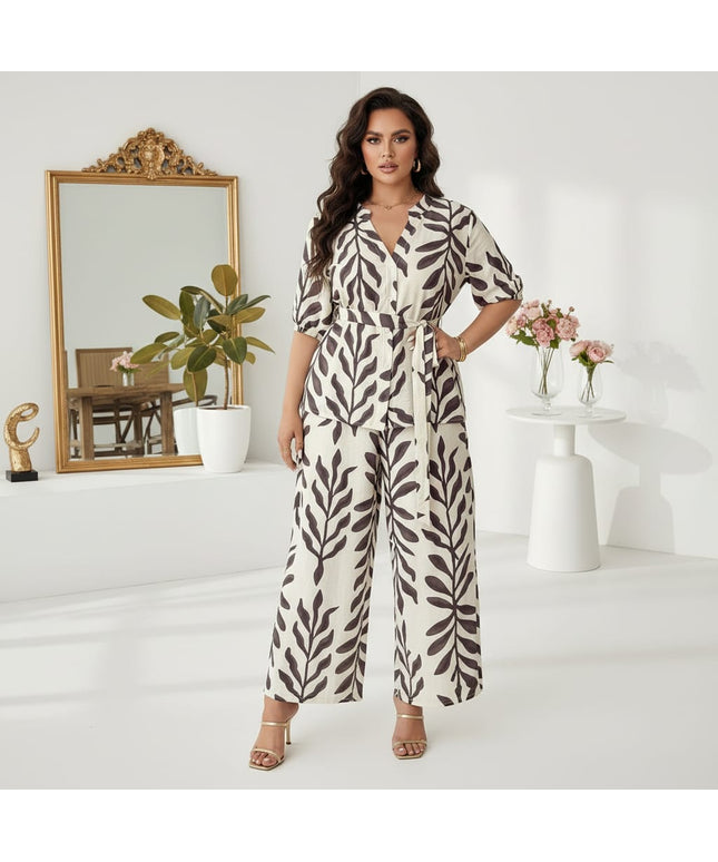 jkthpu-45 outfit set Multicolor / UK 18 Plus Size Leaf Print Vacation 2pc Set