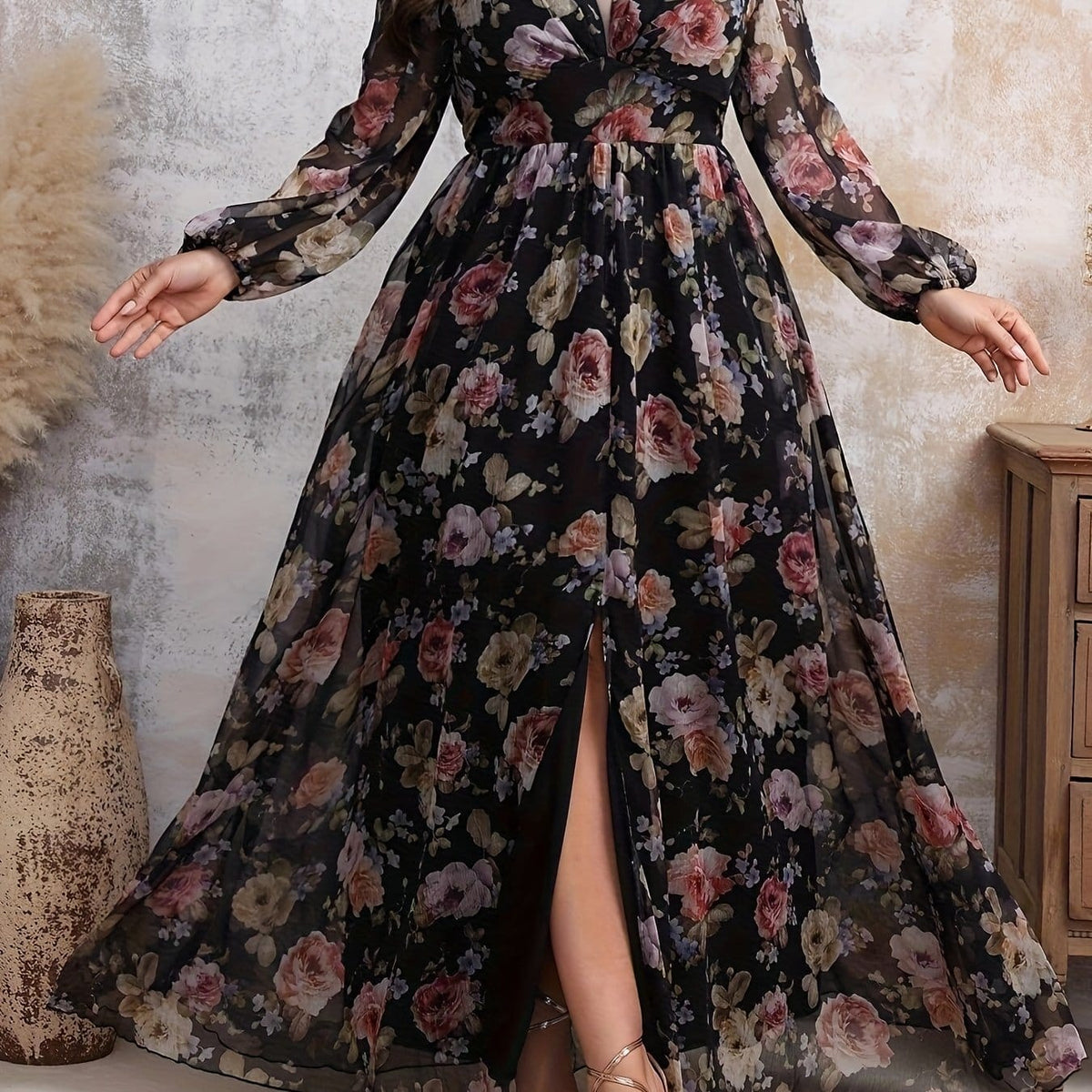 jkthpu-45 Multicolor / UK 18 Plus Size, Stylish and Elegant Printed Chiffon Dress