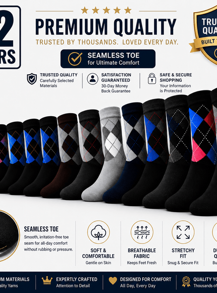 KissICON Multicolor / UK-6-11 Vibrant Argyle Cotton Socks 12 Pairs Seamless Comfort