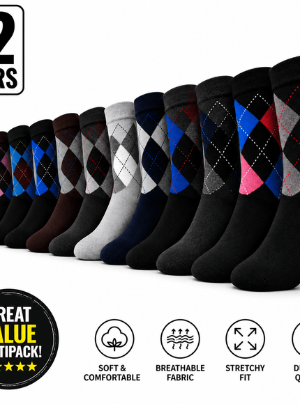 KissICON Multicolor / UK-6-11 Vibrant Argyle Cotton Socks 12 Pairs Seamless Comfort