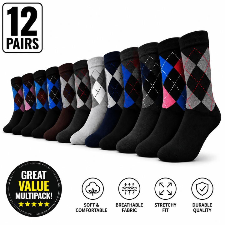 Vibrant Argyle Cotton Socks 12 Pairs Seamless Comfort