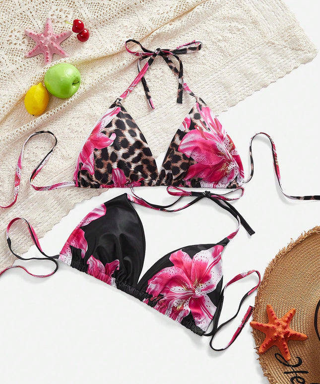 KissICON Multicolor / XS-L Curve 1pc Curve Flower Print Halter Bikini
