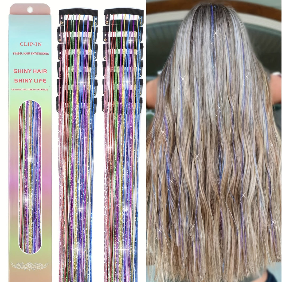 KissICON Multicolored / 24inch KissIcon Clip In Hair Tinsel TwelvePcs - Sparkly