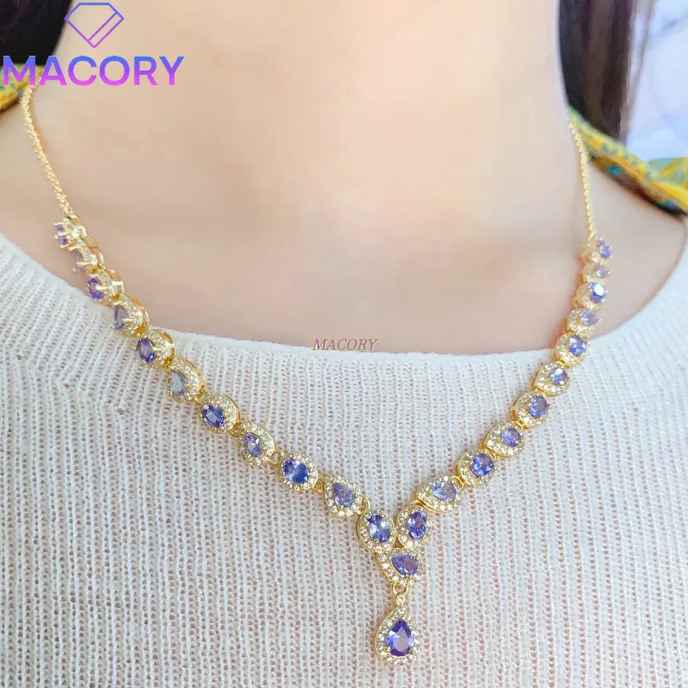 KissICON Natural Tanzanite Necklace S925 Sterling Silver Luxury Women's Jewellery Accessory Exquisite Clavicle Chain Holiday Gift