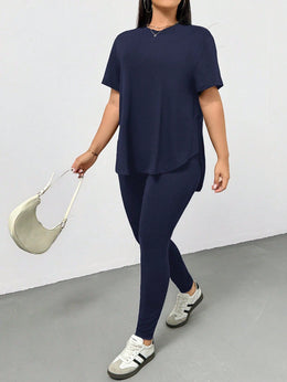 CURVE Navy Blue / 0XL Casual Sports Short-Sleeved T-Shirt And Leggings Two Pieces Set