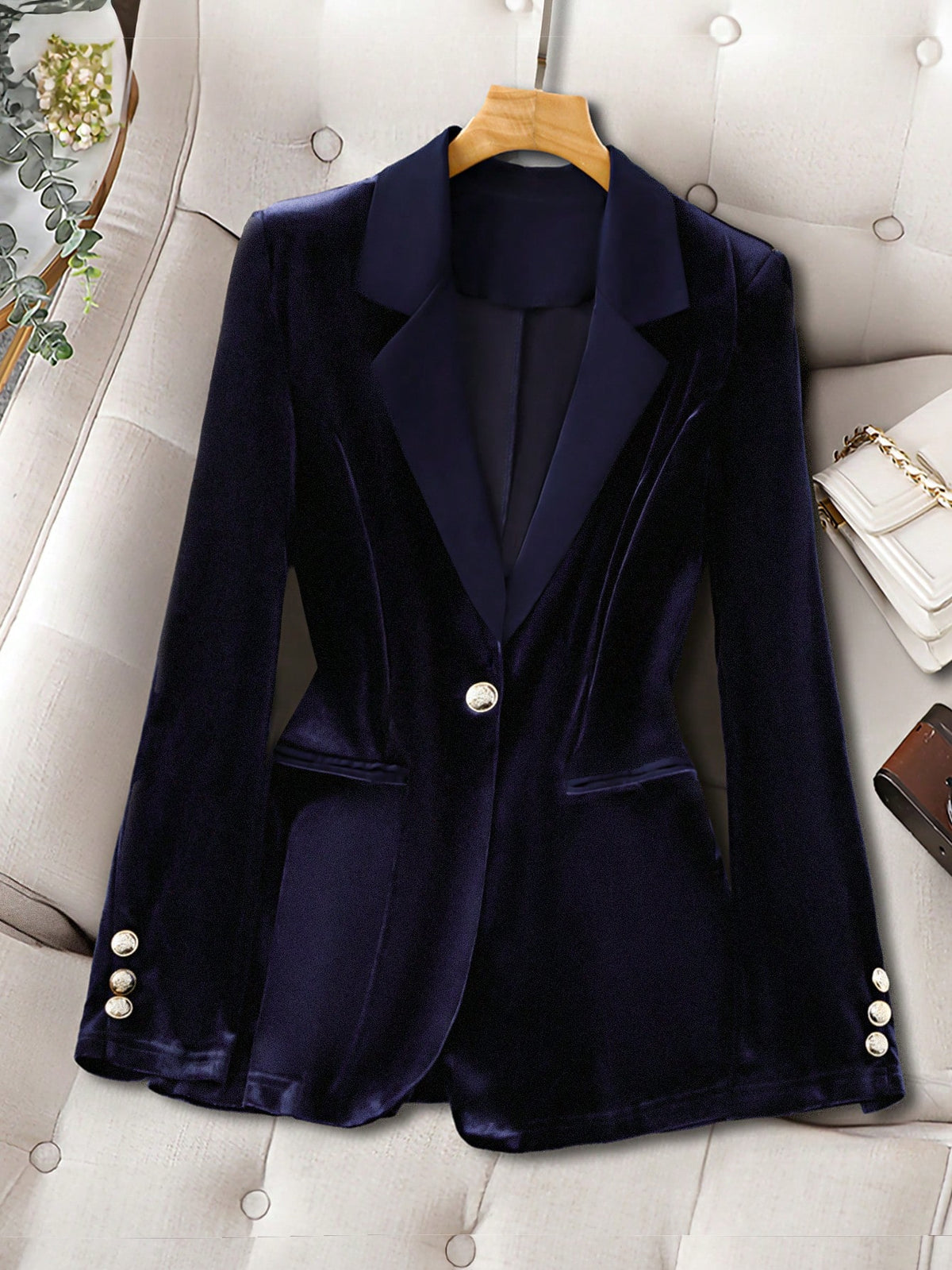 KissICON Navy Blue / 0XL Curve Women's Satin Lapel Elegant Commuter Velvet Blazer