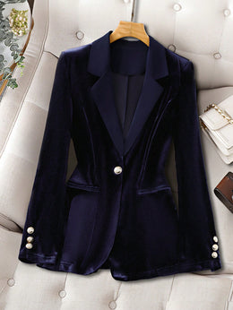 KissICON Navy Blue / 0XL Curve Women's Satin Lapel Elegant Commuter Velvet Blazer