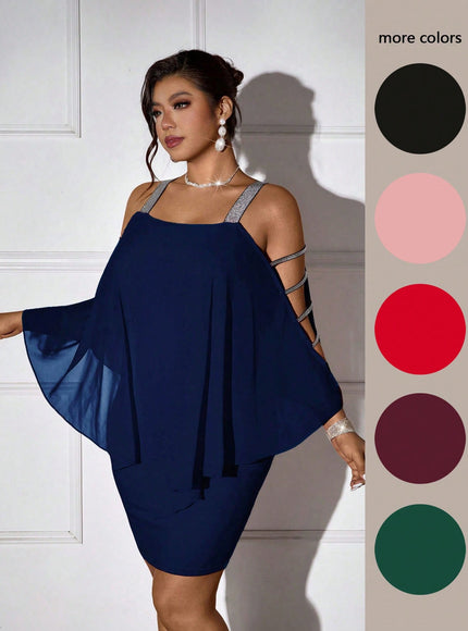 Femmeverse new Navy Blue / 0XL Plus Size Women Silver Camisole Patchwork Chiffon Dress