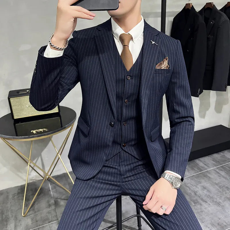 KissICON Navy blue 1button / Asia 7XL (US 3XL) Luxury Striped DoubleBreasted Mens Groom Wedding Suit