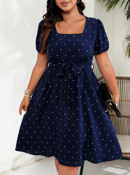 KissICON Navy Blue / 1XL GIBSIE Plus Elegant Retro Polka Dot Puff Sleeve Belted Swing Dress