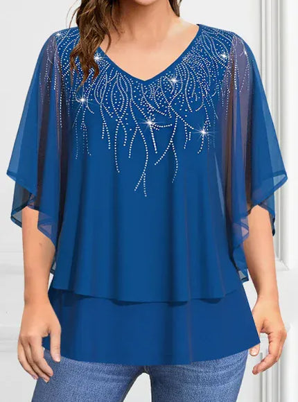 KissICON Navy Blue / 1XL Plus Size Women's Blouse V-Neck Pullover Batwing Sleeve Sparkly Layered Shirts Blouse Women'S Clothing Casual Summer Top