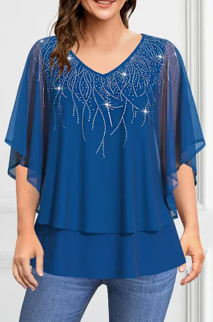 KissICON Navy Blue / 1XL Plus Size Women's Blouse V-Neck Pullover Batwing Sleeve Sparkly Layered Shirts Blouse Women'S Clothing Casual Summer Top