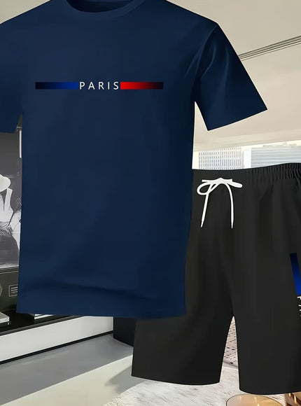 KissICON Navy Blue 2 / UK 40 Paris Print Mens Summer TShirt  Shorts Set