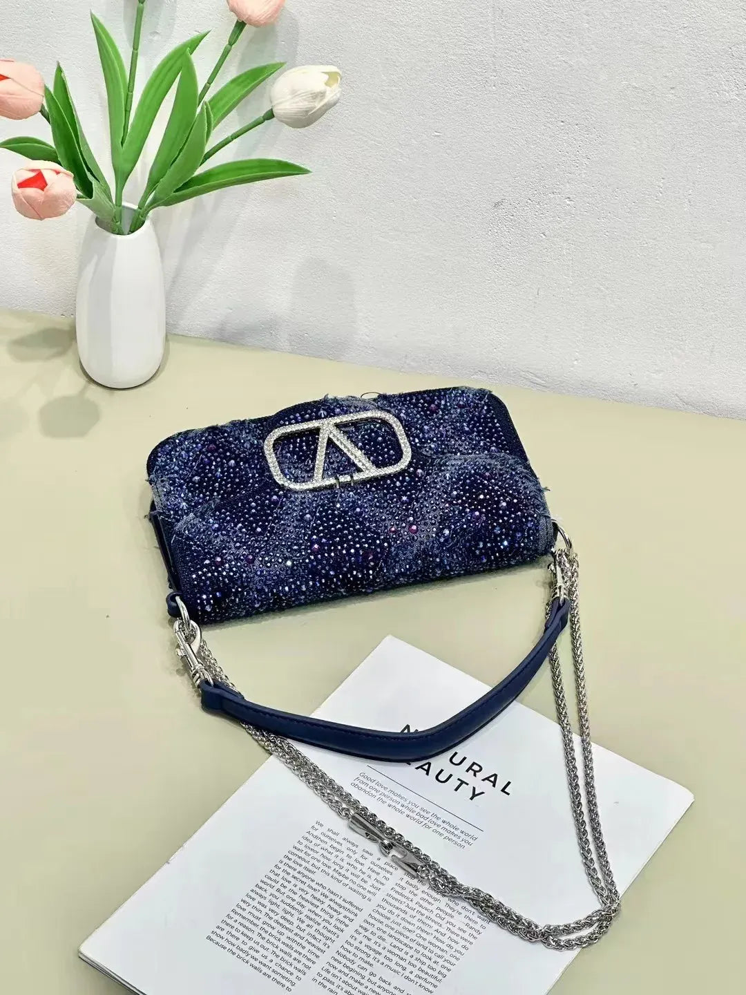 Dropshipman Navy Blue / 23x5x13cm 2025 Elegant And Fashionable Underarm Bag Women Shoulder Bag Denim Diamond Handbag Chain Crossbody Bag Suitable For Daily Use