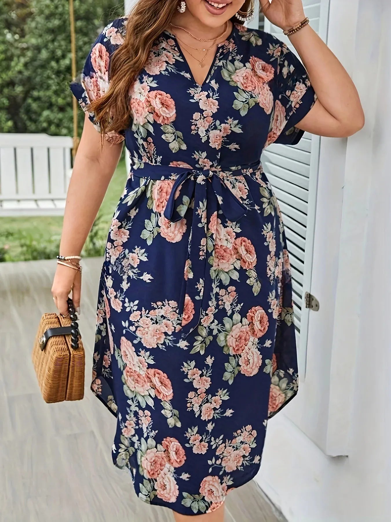 KissICON Navy Blue / 4XL Elegant Vintage Floral Plus Size Vacation VNeck LaceUp Dress