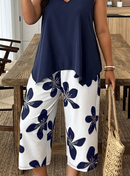 jkthpu-45 Navy Blue And White / UK 18 Chic Plus Size Spring Floral Set VNeck Top  Wide Leg Pants