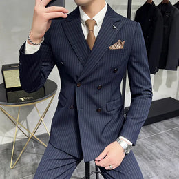 KissICON Navy blue / Asia 3XL (US M) Luxury Striped DoubleBreasted Mens Groom Wedding Suit