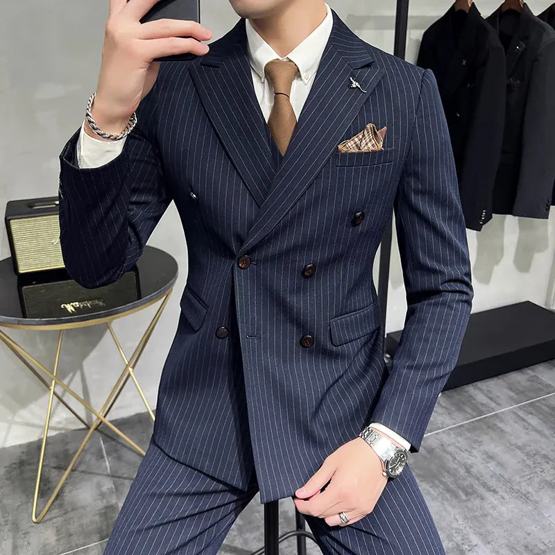 KissICON Navy blue / Asia 7XL (US 3XL) Luxury Striped DoubleBreasted Mens Groom Wedding Suit