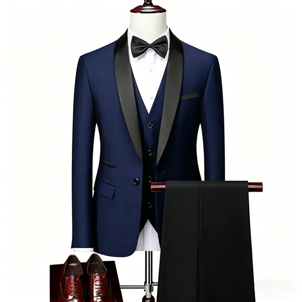 KissICON Navy Blue Black / XXL Mens Beige Tuxedo Suit Jacket Vest Pants Set