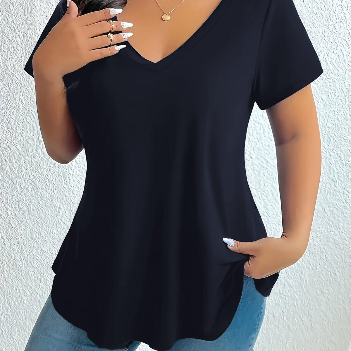 jkthpu-45 Navy blue color / UK 16 Plus Size V Neck Short Sleeve Casual Simple