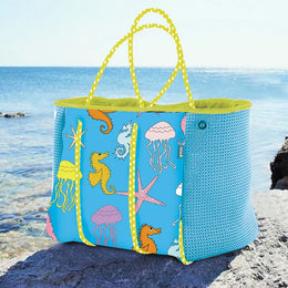 KissICON Navy Blue Diving Material Printed Perforated Mommy Handheld Beach