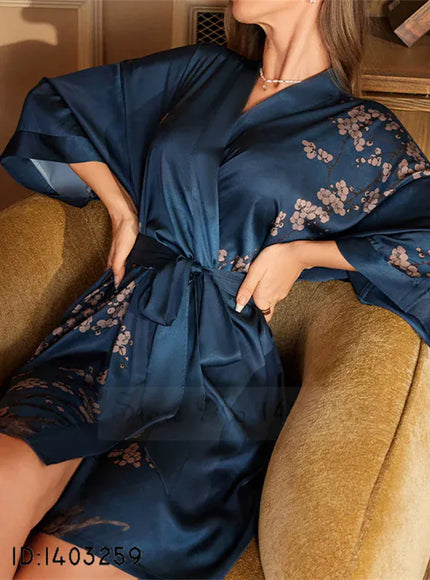KissICON Navy Blue Flower 1 / XXS Plus Size Sexy Women Robe Sleepwear Silky Satin