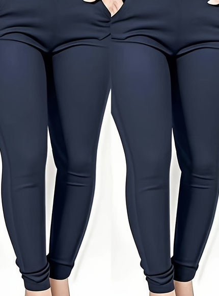 jkthpu-45 Navy Blue + Navy Blue / UK 16 Plus Size High-Waisted Slim-Fit Pants with Pockets -