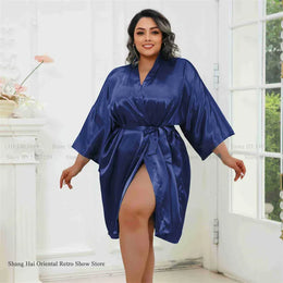 KissICON Navy Blue / One Size Plus Size Women Robe Half Sleeve Bathrobe Kimono