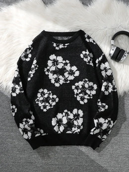KissICON Navy Blue / S Cool Floral Jacquard Mens Crew Neck Winter Pullover Gift