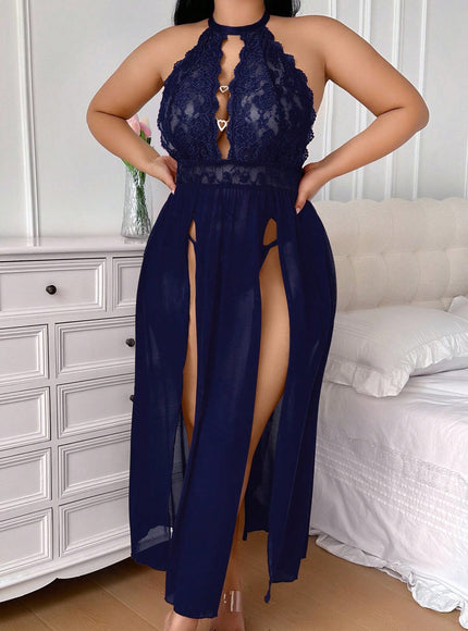 KissICON Navy Blue / S-XL 2 Piece Curve Lace Patchwork Sheer Unlined Lingerie