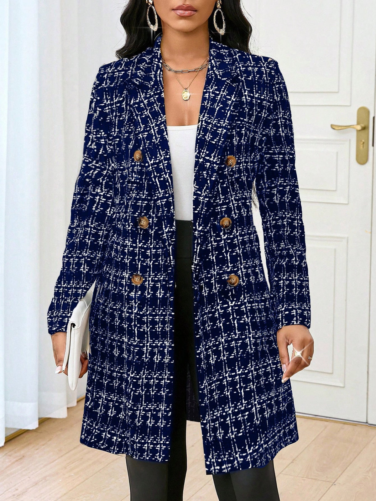 KissICON Navy Blue / S-XL Knitted Plaid Print Fabric Lapel Suit