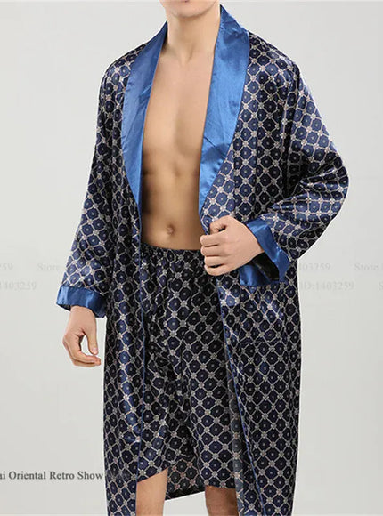 KissICON Navy Blue Set 1 / S Plus Size 3XL Silky Satin Kimono Robe  Shorts Pajamas