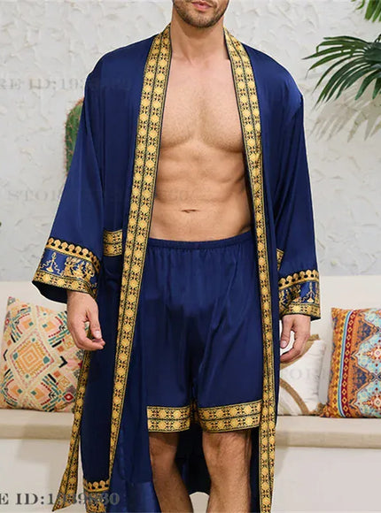 KissICON Navy Blue Set / M Mens 2PC Silk Satin Pajama Robe Set