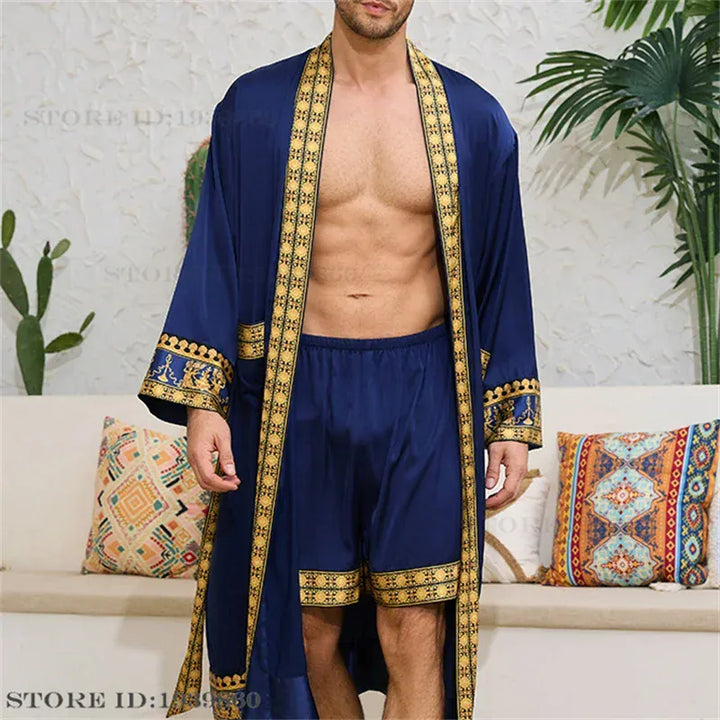 Mens 2PC Silk Satin Pajama Robe Set