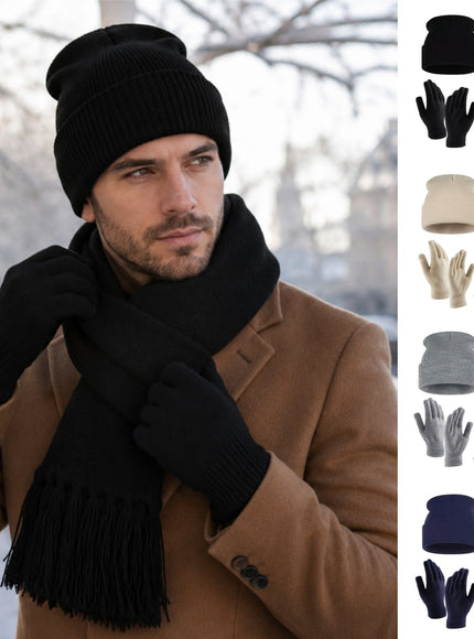 KissICON Navy blue three-piece set (hat + scarf + gloves) Cozy 3pc Unisex Knit Winter Beanie Scarf Glove Set