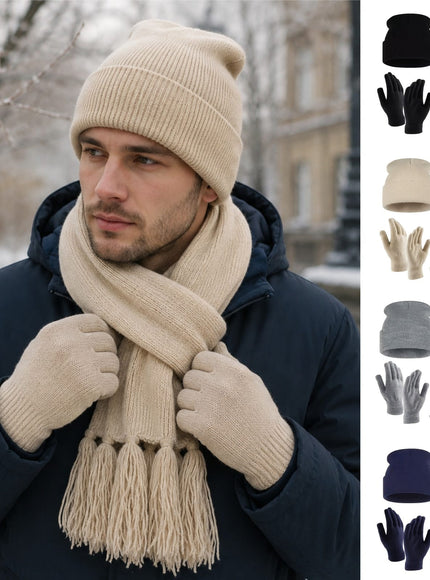 KissICON Navy blue three-piece set (hat + scarf + gloves) Cozy 3pc Unisex Knit Winter Beanie Scarf Glove Set